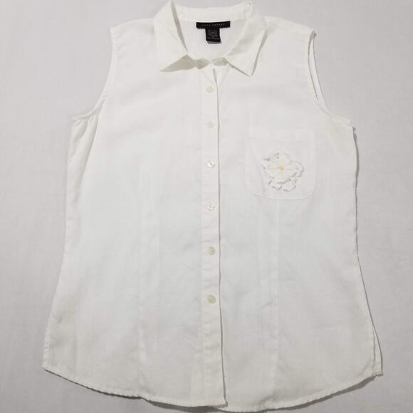 Anne Carson Linen Shirt Womens Medium Sleeveless Embellished Flower Art to Wear - Picture 2 of 8